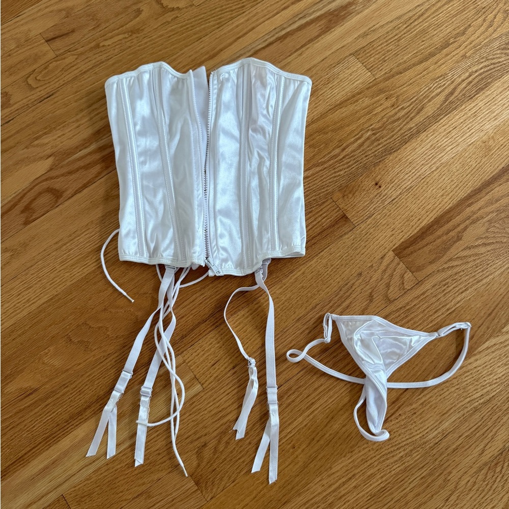 Vintage corset bustier lace up shiny white with matching thong